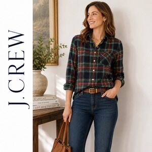 J.Crew Flannel Shirt Womens 6 Stewart Tartan Plaid Cotton Cabincore Nature NWT